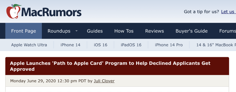 MacRumors article advertising Apple’s Path to Apple Card program for people who were originally denied