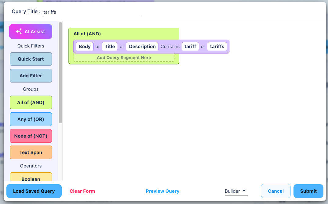 Figure 1: Quick Search of the word "tariff"