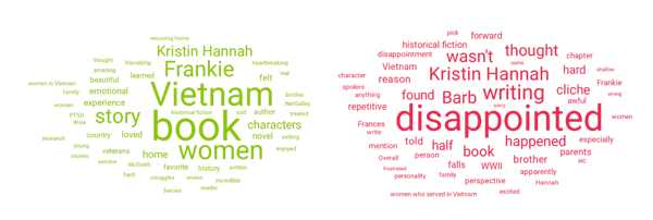 Figure 4: Top positive and negative topics Goodreads reviewers wrote about when discussing The Woman (Jan. 2024 through March 2024); Goodreads review data.