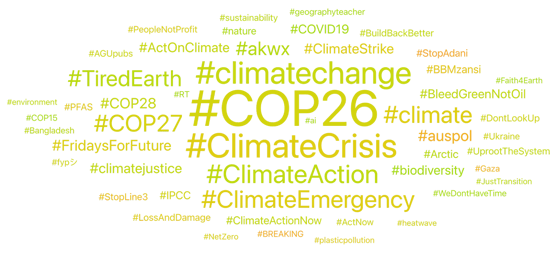 Hashtags for the Environmental Persona and they are led by #COP26 and #ClimateCrisis