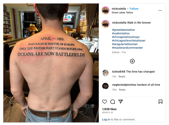 A March 2023 Tweet by a Chicago tattoo parlor of a dedicated Master and Commander fan.
