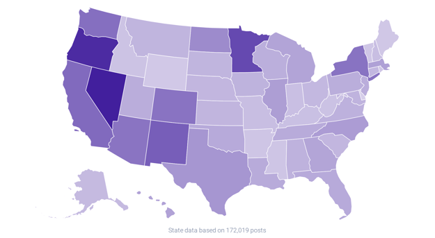 Geographic analysis of #NoDAPL frequency (2013-2023) darkest states are MN, NV, OR