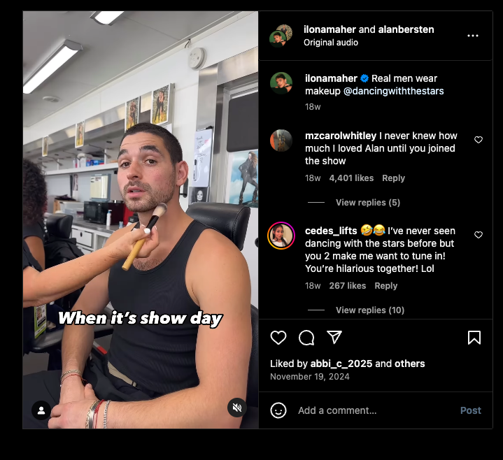 Figure 11: Screenshot of Dancing With The Stars Performer's post With The Caption "Real men wear makeup"