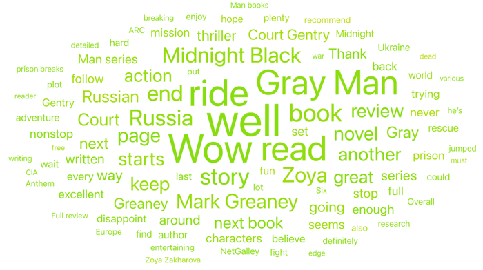 A word cloud features terms related to "Gray Man" and "Midnight Black" books, with prominent words including "Wow," "well," "read," and author "Mark Greaney" in various shades of green for positive sentiment.