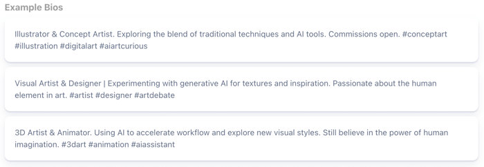Figure 4: Example Bios associated with Christie’s AI art auction (January 2025-March 2025); Infegy Social Dataset.