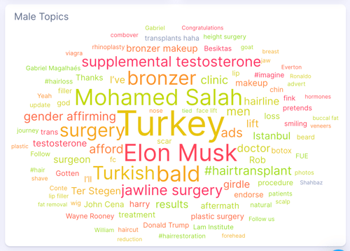 Word cloud describing most desired destinations/ most talked about destinations for hair transplants