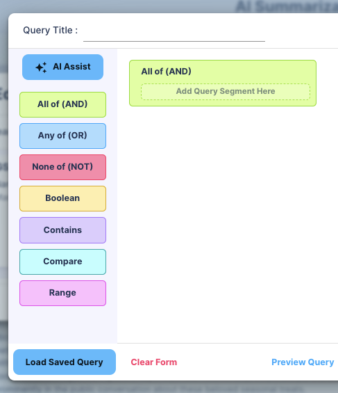 The Infegy Starscape query builder with various logical operators like "All of (AND)" and "Any of (OR)" on the left, and an active "All of (AND)" segment on the right.