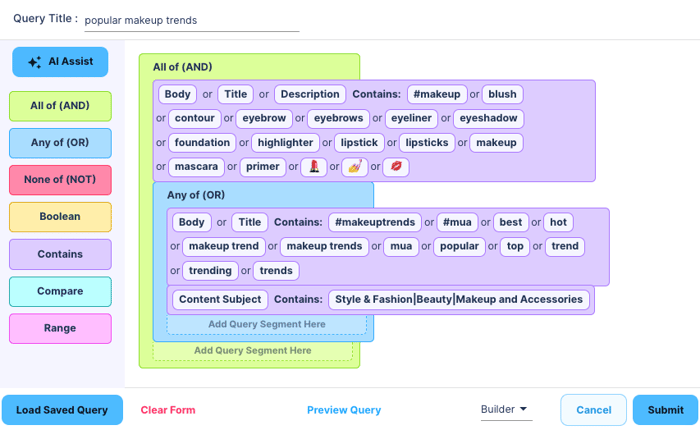 a query in Starscape, titled "popular makeup trends," shows "All of (AND)" and "Any of (OR)" segments with various makeup-related keywords and content subjects.