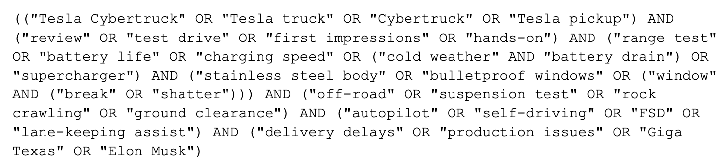 Figure 6: Long, Hyper-Specific Boolean Queries About Tesla’s Cybertruck