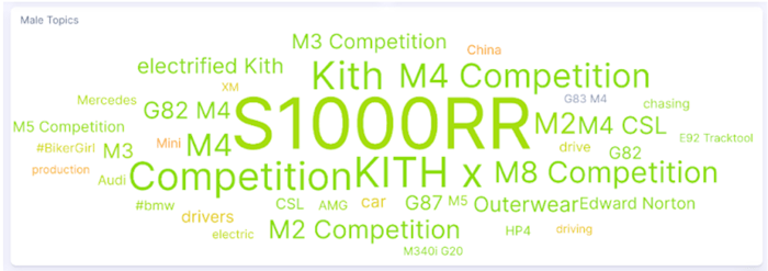 Figure 9: Luxury car market male word cloud (September 2020 - September 2025); Infegy Social Dataset.