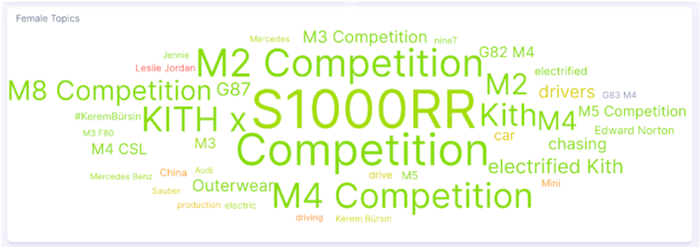 Figure 8: Luxury car market female word cloud (September 2020 - September 2025); Infegy Social Dataset.